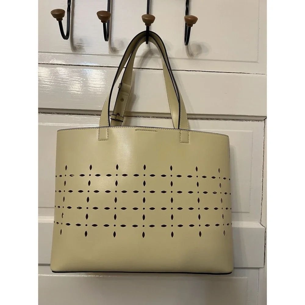 BCBG Generations Beige Vegan Leather Cutout Tote – Chic Everyday Bag Minimalist